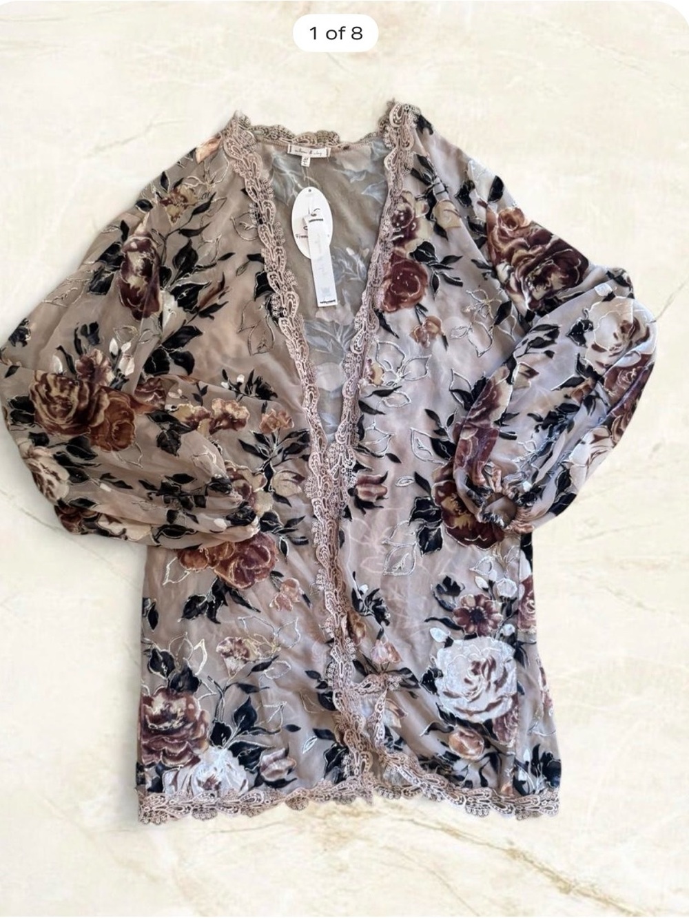 Willow & Clay Burnout Velvet Rose Mauve Lace Trim Floral Kimono Feminine Floral
